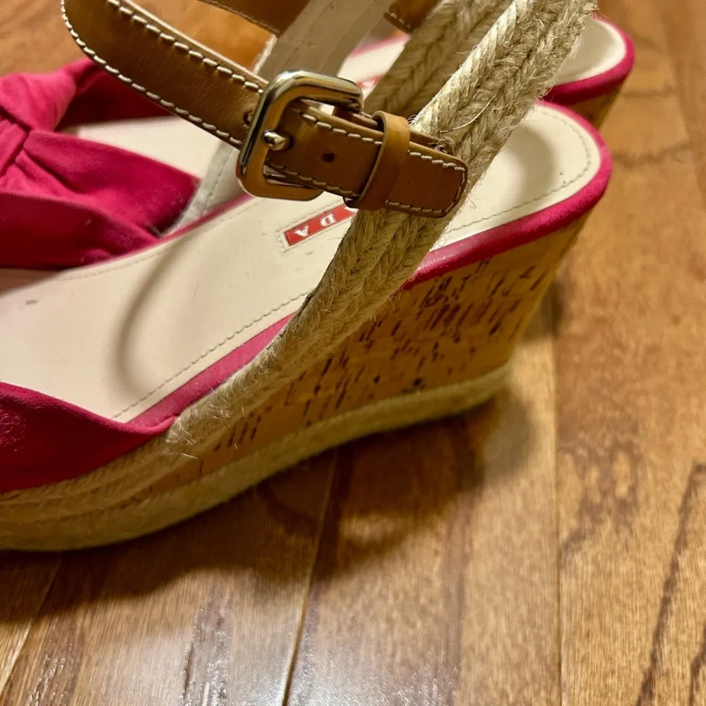 PRADA Raspberry Suede Cork Heel Wedges - Picture 5 of 6